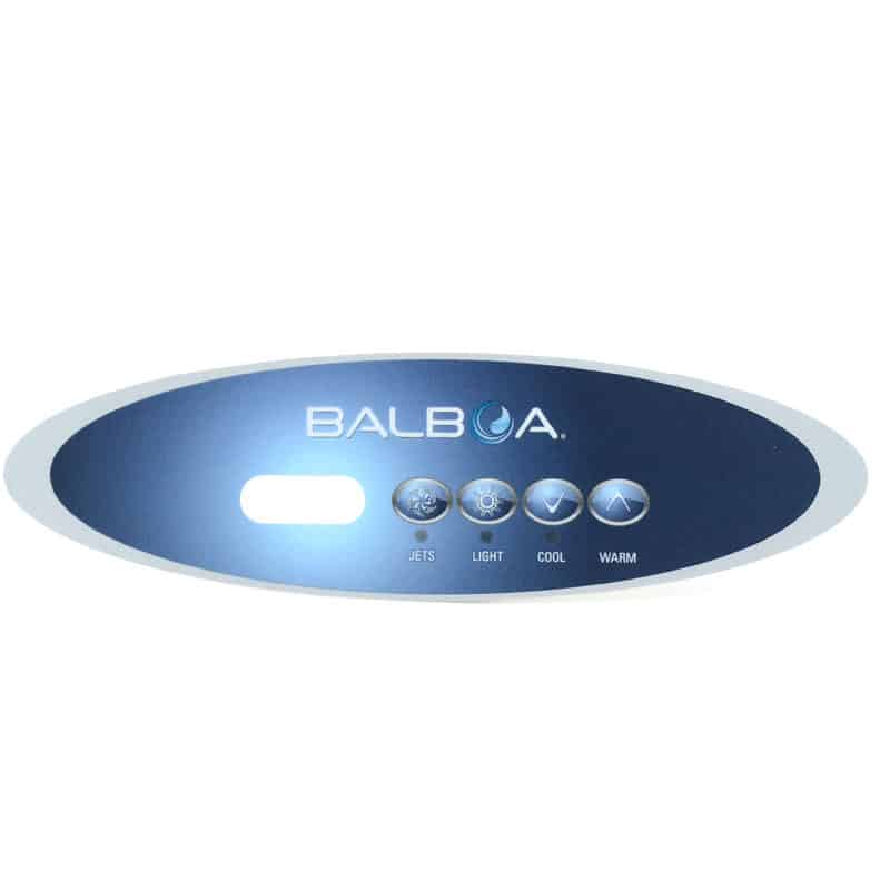 Balboa VL260 hot tub overlay featuring four control buttons labeled Jets, Light, Cool, and Warm on a blue and silver background.