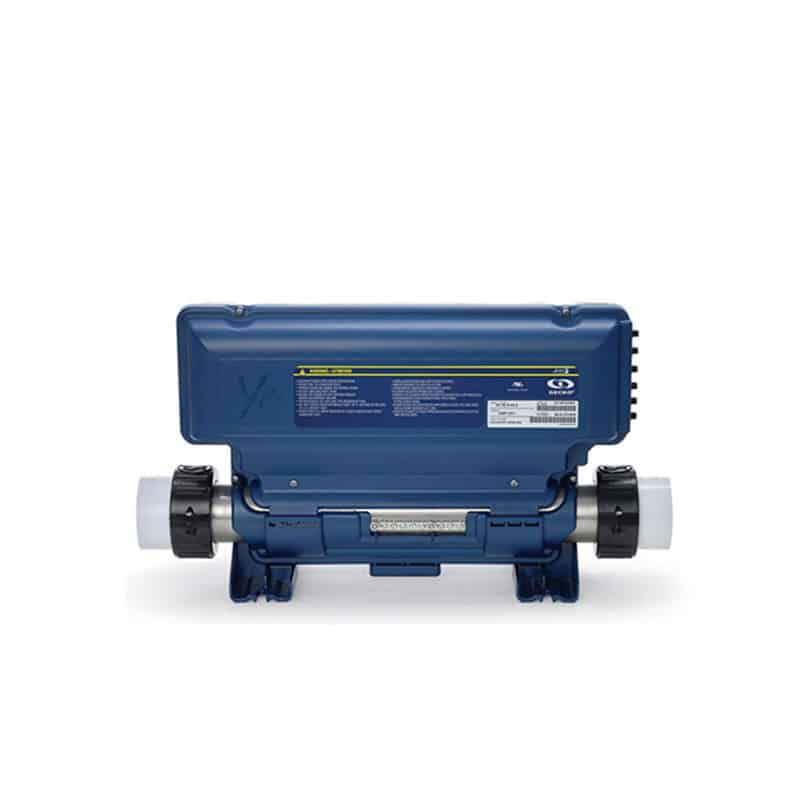 Rear view of Gecko IN.YE-3 spa control box with integrated 3kW flow-through heater and AMP connectors, designed for hot tubs and swim spas.