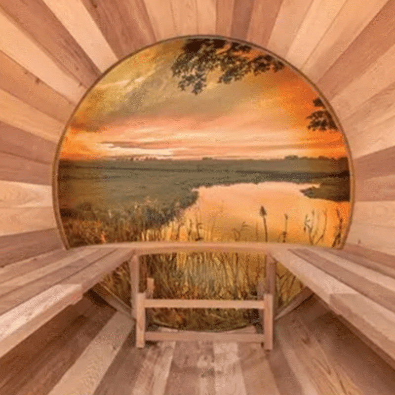 Rear close-up of the panoramic black acrylic sauna back
