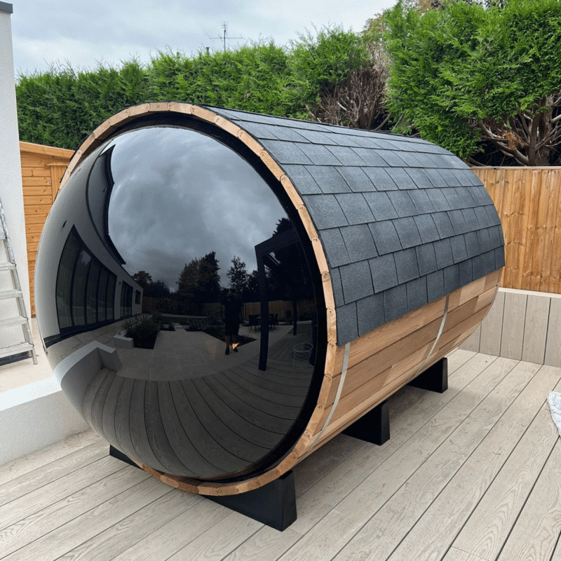 Installed Panorama sauna on a patio with modern decking