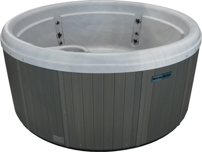 Impulse DP round hot tub side view - Balboa powered 5 person hot tub for UK gardens and homes