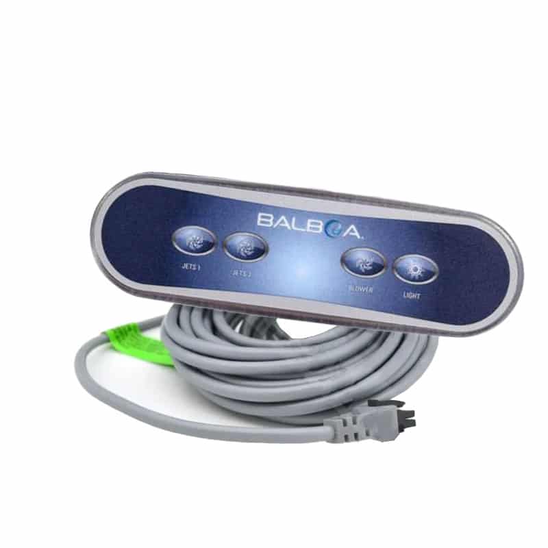 Balboa AX40 Aux Panel with overlay and coiled cable – 4 button spa control for Jets 1, Jets 2, Blower, and Light