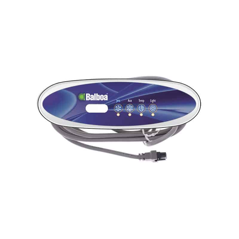 Balboa ML260 4-Button Spa Topside Control Panel with cable, featuring LCD display and buttons for Jets, Aux, Temp, and Light functions.
