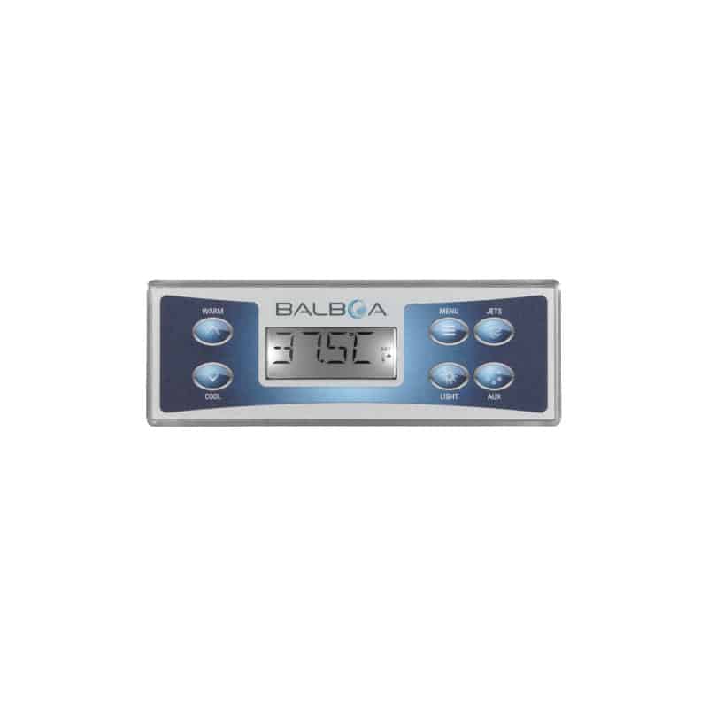 Balboa TP500 topside control panel with overlay, showing six control buttons for warm, cool, menu, jets, light, and aux, with temperature displayed on the LCD screen.