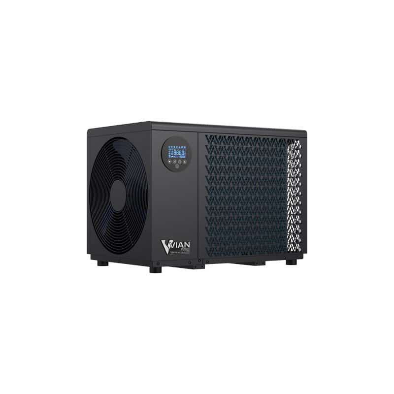 Side angle of NEXUS EVO 6 spa heat pump showing fan, digital controller and ventilation panel.