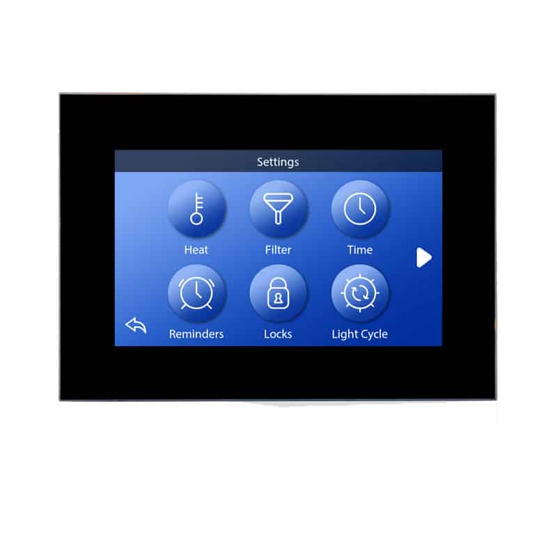 Balboa SpaTouch 3 touchscreen control panel displaying settings menu with heat, filter, time, reminders, locks and light cycle options for BP Series spa systems