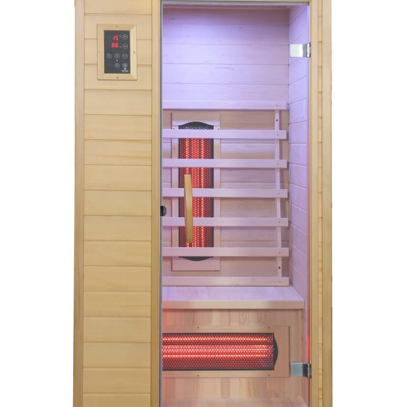 Bella 1 infrared home sauna front view showing full spectrum heater and glass door